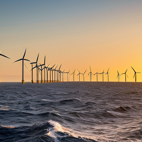 **Offshore Wind Farm at Sunset:** A stunning view of a modern offshore wind farm near the Portuguese coast at sunset. Golden light reflecting on the turbines and the ocean, with a few traditional fishing boats in the distance. Include realistic details like seabirds and subtle wave patterns. Focus on the beauty and promise of renewable energy.