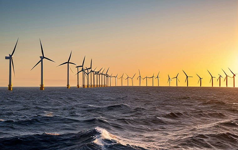 **Offshore Wind Farm at Sunset:** A stunning view of a modern offshore wind farm near the Portuguese coast at sunset. Golden light reflecting on the turbines and the ocean, with a few traditional fishing boats in the distance. Include realistic details like seabirds and subtle wave patterns. Focus on the beauty and promise of renewable energy.