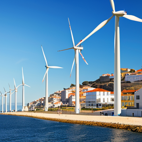 **

"A modern offshore wind farm in the Atlantic Ocean off the coast of Portugal, featuring large, next-generation wind turbines. Sunlight reflects off the water.  In the background, a coastal town with traditional Portuguese architecture.  Clear blue sky with a few wispy clouds.  Depicting clean energy, sustainability, and technological advancement.  Photorealistic, high detail."

**
