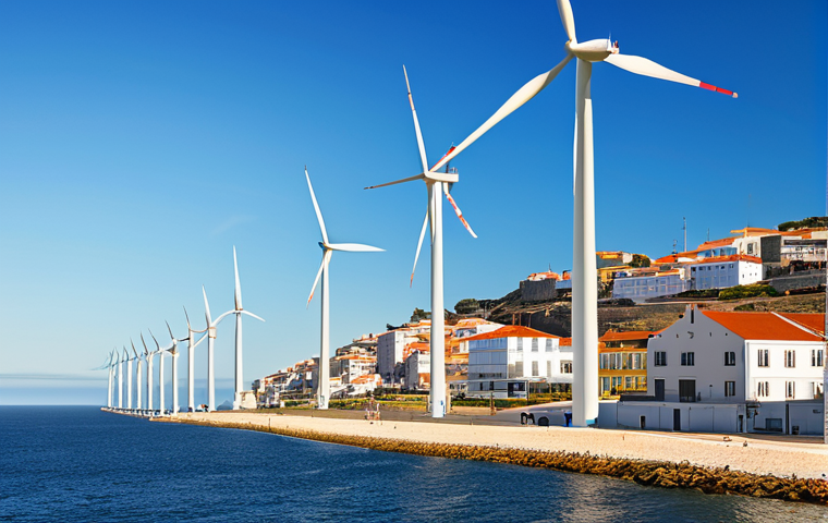**
"A modern offshore wind farm in the Atlantic Ocean off the coast of Portugal, featuring large, next-generation wind turbines. Sunlight reflects off the water. In the background, a coastal town with traditional Portuguese architecture. Clear blue sky with a few wispy clouds. Depicting clean energy, sustainability, and technological advancement. Photorealistic, high detail."
**