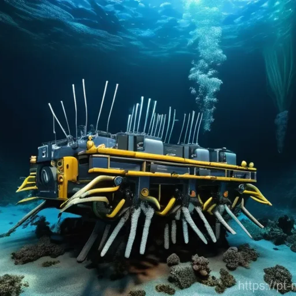 해양자원 탐사 장비 - **Deep-Sea ROV Discovery:**
"A highly detailed and realistic cinematic shot of an advanced Remot...