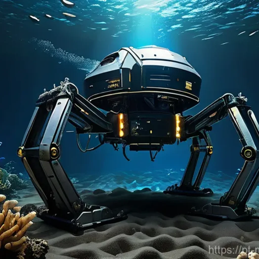 심해광물 채굴 - **Prompt:** A futuristic deep-sea mining robot, sleek and powerful, with glowing lights, meticulousl...