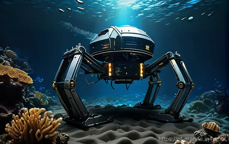심해광물 채굴 - **Prompt:** A futuristic deep-sea mining robot, sleek and powerful, with glowing lights, meticulousl...
