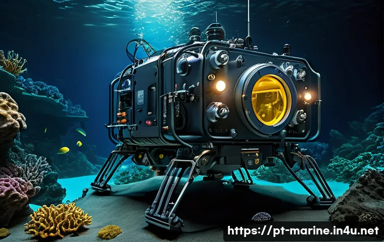 해양자원 탐사 기술 - A highly detailed underwater scene showcasing a compact, advanced Remotely Operated Vehicle (ROV) eq...