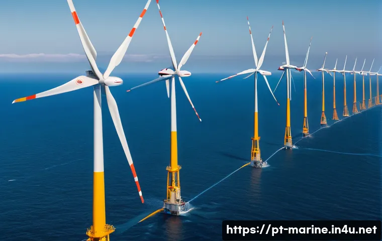 해양풍력 발전 산업 전망 - A large offshore wind farm located off the coast of Portugal, featuring towering wind turbines with ...