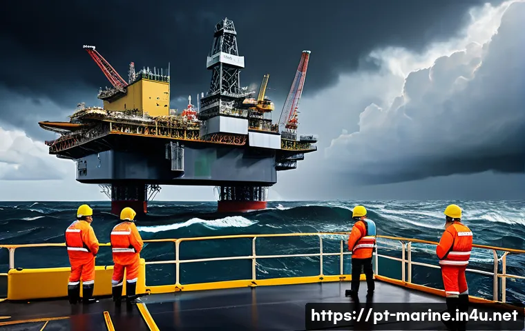 해양자원 개발의 안전성 관리 - A highly detailed scene of a modern offshore marine operation during a stormy day, showing a large o...