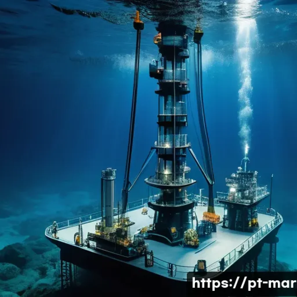 심해가스 개발의 기술적 난제 - A highly detailed underwater scene showing advanced deep-sea drilling equipment operating on the oce...