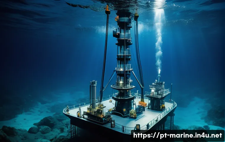 심해가스 개발의 기술적 난제 - A highly detailed underwater scene showing advanced deep-sea drilling equipment operating on the oce...