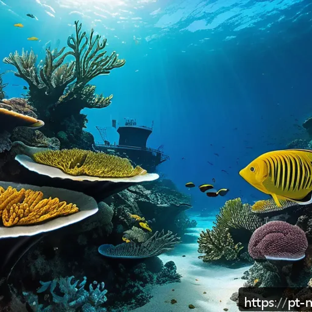 해양자원 개발 리스크 분석 - A detailed underwater scene showing a vibrant coral reef ecosystem impacted by large-scale maritime ...