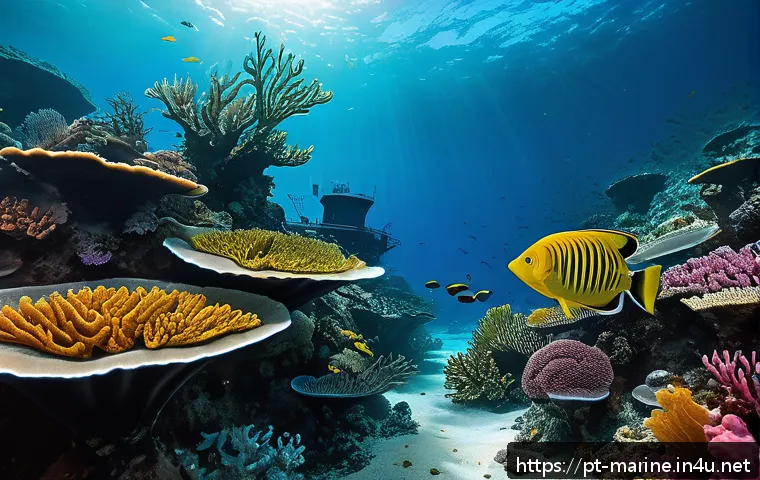 해양자원 개발 리스크 분석 - A detailed underwater scene showing a vibrant coral reef ecosystem impacted by large-scale maritime ...