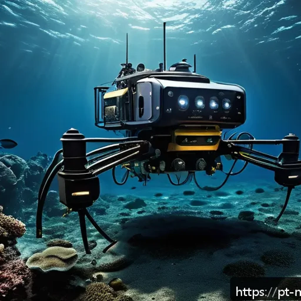 심해광물 자원 현황 - A high-tech deep-sea exploration scene showing an advanced underwater robot equipped with multiple p...