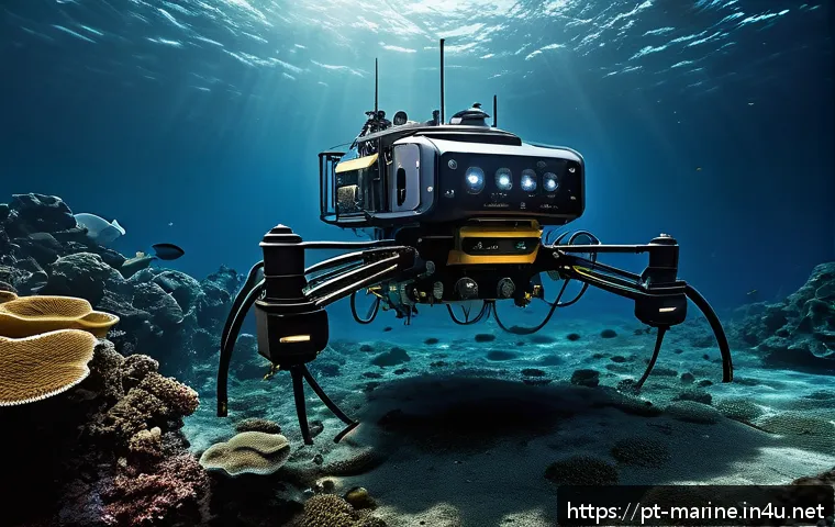 심해광물 자원 현황 - A high-tech deep-sea exploration scene showing an advanced underwater robot equipped with multiple p...