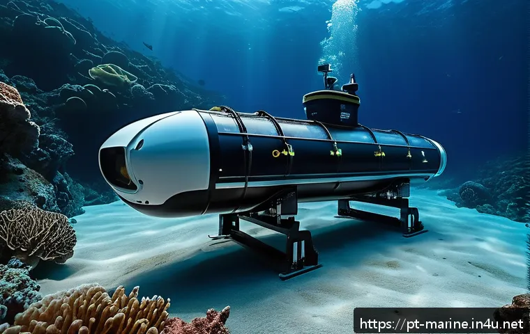 해양법과 대륙붕 자원 개발 - A detailed underwater scene showcasing an autonomous underwater vehicle (AUV) exploring the continen...