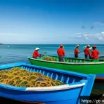 해양자원 개발과 환경 보호 - A vibrant coastal fishing village in Brazil featuring local fishermen wearing traditional clothing a...