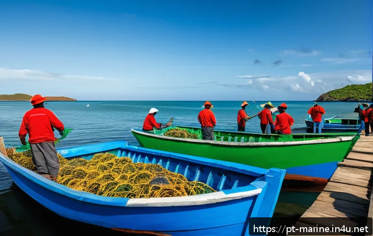해양자원 개발과 환경 보호 - A vibrant coastal fishing village in Brazil featuring local fishermen wearing traditional clothing a...