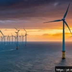 해양풍력 발전과 지속 가능한 개발 - A panoramic view of Brazil&rsquo;s northeastern coastline at sunset, featuring a vast offshore wind farm w...