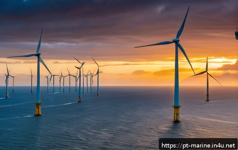 해양풍력 발전과 지속 가능한 개발 - A panoramic view of Brazil’s northeastern coastline at sunset, featuring a vast offshore wind farm w...