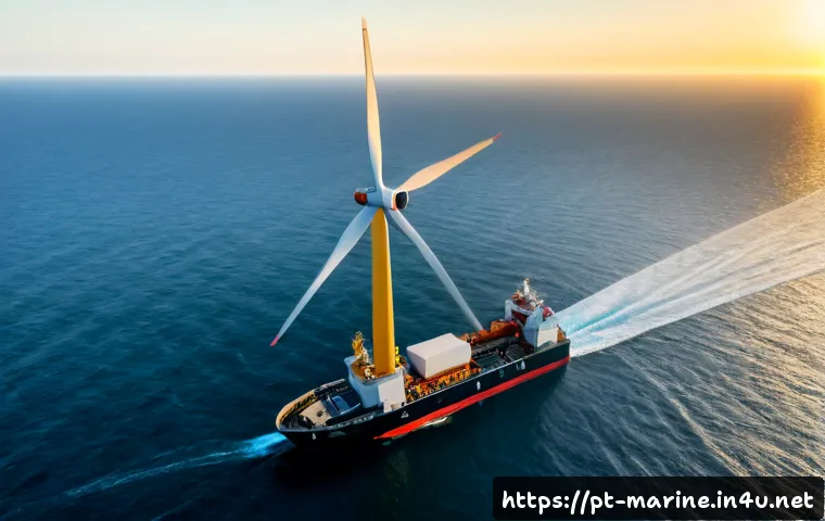 해양풍력 발전의 비용 절감 기술 - Photorealistic offshore wind farm at sunrise off the Portuguese Atlantic coast, a modern service ves...